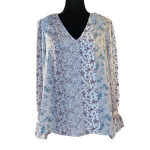 Andree by Unit Floral Color Block Boho Whimsical Top with Ruffled Cuff Sleeves S